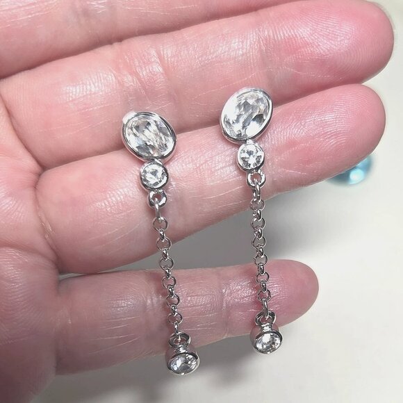 Swarovski Dangle Drop Earrings With Bezel Set Clear Oval And Round Crystals - Picture 7 of 11